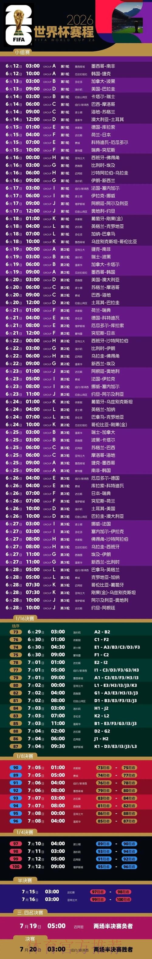 2026年世界杯直播赛程时间表